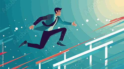 Confident Businessman Jumping Over Hurdles, Overcoming Obstacles to Success