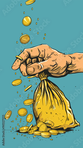 Coins Spill from Leaky Bag Held by Hand, Symbolizing Financial Crisis, Economic Recession, and Bankruptcy Concerns for Accountant