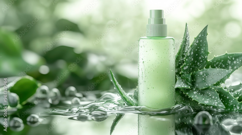 Natural hair conditioner products photo shoot with aloe vera, realistic hyper-detailed rendering, soothing green tones, eye-catching tags, free-flowing lines, cute cartoonish design, water drops