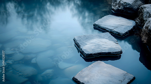 calm moment where stone slabs rest on water, with light rocks reflecting serene beauty photo