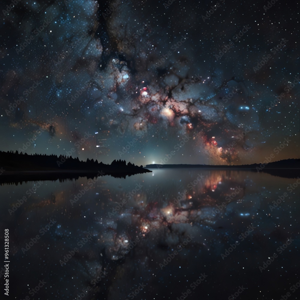 a picture of a lake with a sky full of stars and galaxy. a picture of a lake with a sky full of stars and galaxy.