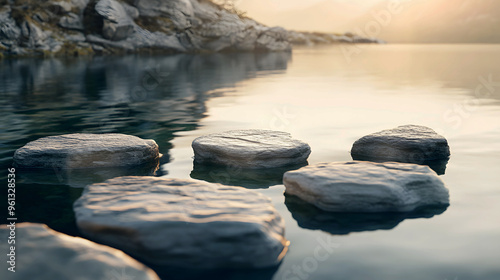 calm moment where stone slabs rest on water, with light rocks reflecting serene beauty photo