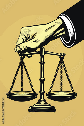 Close-up of Judge's Hand Holding Balanced Scales of Justice, Representing Fair Judicial System and Concept of Law and Order in Society