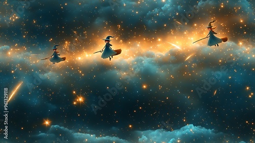 A playful scene of little witches flying on broomsticks, weaving between sparkling stars and shooting stars, with soft clouds below and magical trails behind them, fun and magical, hd quality,