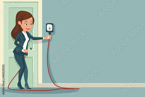 Businesswoman Plugging Electric Cable into Socket, Launching New Startup Project, Business Development and Entrepreneurship Concept