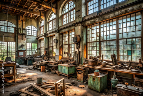 Ghosts of Industry Past: Sunbeams illuminate a derelict workshop, revealing forgotten machinery and the passage of time in this evocative image of industrial decline. 