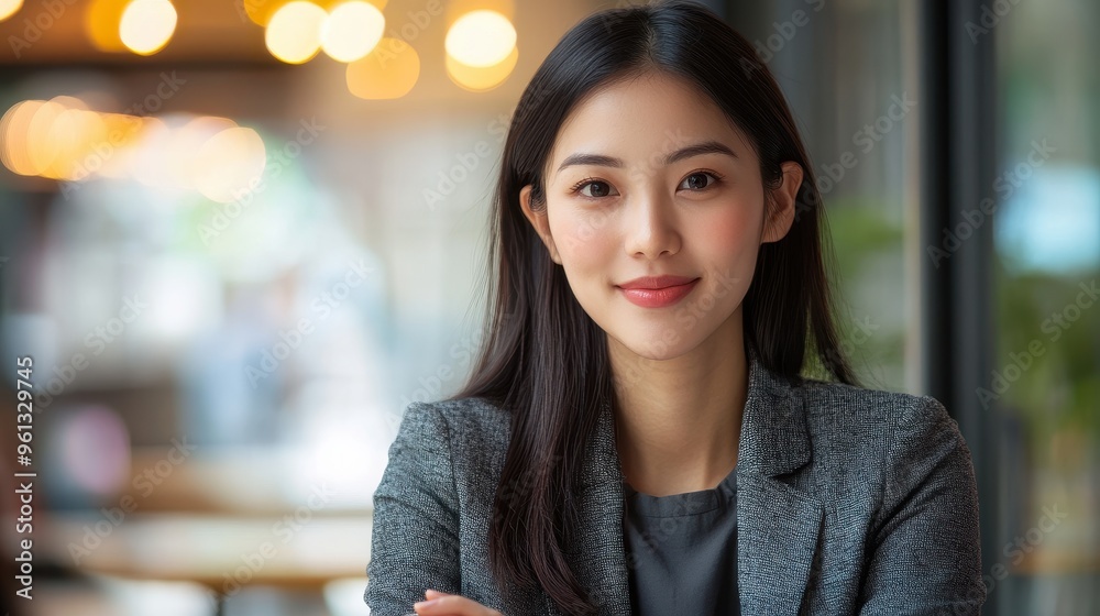 Professional Young Woman in Modern Office Setting with Warm Lighting and Confident Smile