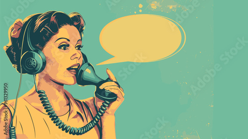 Customer Support Hotline Operator with Vintage Telephone and Speech Bubbles