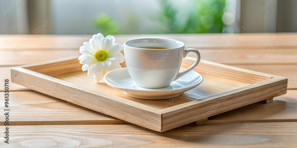 Morning Coffee Ritual: A serene scene of a white cup of coffee, a single delicate daisy, and a wooden tray, bathed in soft natural light, capturing the essence of a peaceful morning routine. 
