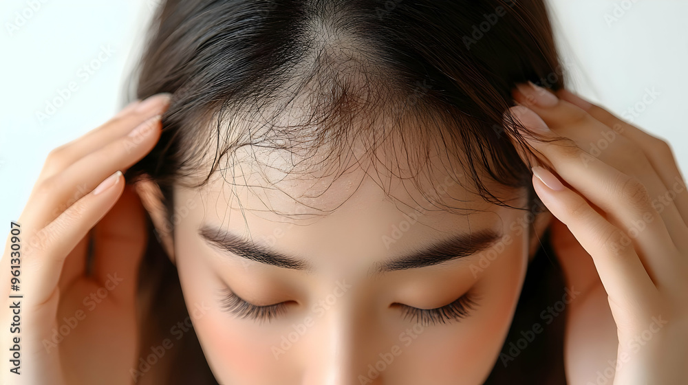 Close-up of a woman's face with hands on her forehead. Close-up of a woman's face with hands on her forehead.