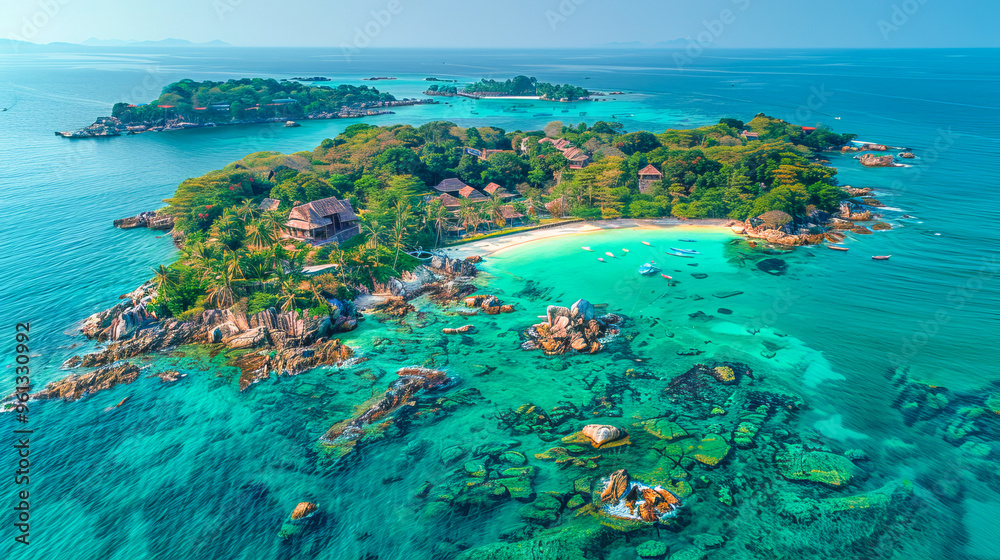 Φωτογραφία Aerial view of tropical island with turquoise water and boats moored near the sh