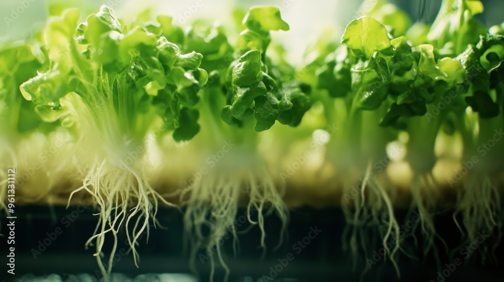 Fototapeta premium A close-up of healthy hydroponic green salad with roots suspended in nutrient-rich water, highlighting growth stages.