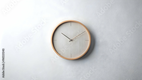 Minimalist Wall Clock: A simple, elegant, round wall clock with wooden frame and white face against a clean, white wall. Perfect for modern and minimalist interiors. Minimalist, modern, 