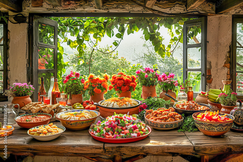 Mexican feast laid out on table in rustic setting Mexican feast laid out on table in rustic setting