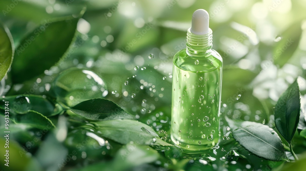 Natural face serum products photo shoot with green tea leaves, realistic hyper-detailed rendering, refreshing green tones, eye-catching tags, free-flowing lines, cute cartoonish design, water drops Natural face serum products photo shoot with green tea leaves, realistic hyper-detailed rendering, refreshing green tones, eye-catching tags, free-flowing lines, cute cartoonish design, water drops
