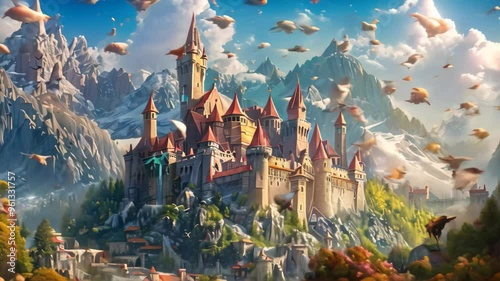 A magical castle perched high in a fantastical land, with dragons soaring through the sky, A magical castle in a fantastical land with dragons and wizards