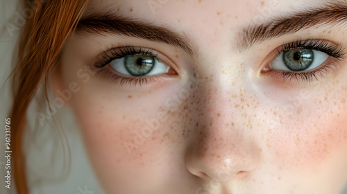 Close-up portrait of a person with green eyes and freckles.