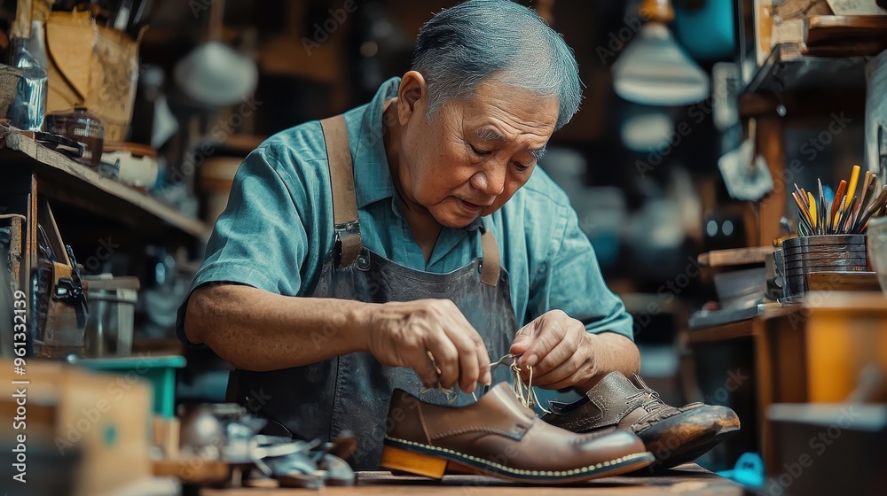 Skilled Artisan Crafting Leather Shoes in Traditional Workshop with Focus and Precision Skilled Artisan Crafting Leather Shoes in Traditional Workshop with Focus and Precision