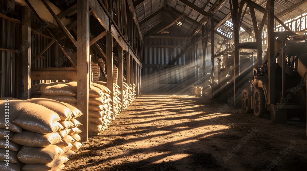 Fototapeta premium Cool morning light, highlighting the textures of weathered wooden beams and metal farm equipment, rows of seed bags neatly stacked, dirt floor, evoking a sense of early farm work and preparation