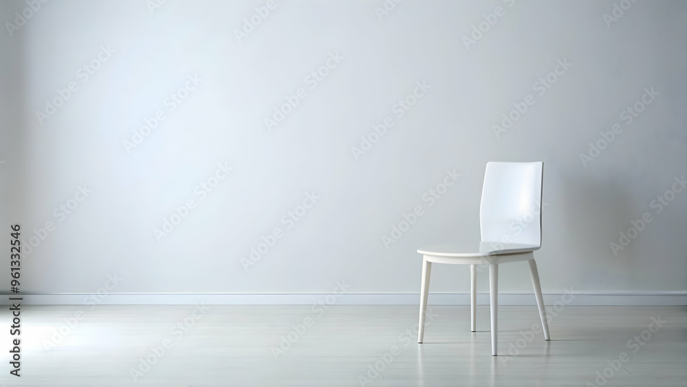 Minimalism and Solitude: A lone white chair stands against a stark white backdrop in a spacious room, bathed in soft, natural light. This image evokes a sense of tranquility and simplicity. Minimalism and Solitude: A lone white chair stands against a stark white backdrop in a spacious room, bathed in soft, natural light. This image evokes a sense of tranquility and simplicity.