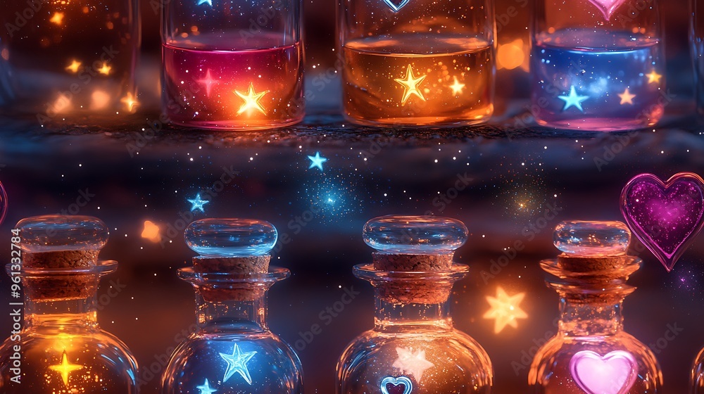 Adorable potion bottles with heart and star designs, glowing softly with pastel liquids, surrounded by magical sparkles and floating stars, playful and enchanting, hd quality, natural look. Adorable potion bottles with heart and star designs, glowing softly with pastel liquids, surrounded by magical sparkles and floating stars, playful and enchanting, hd quality, natural look.