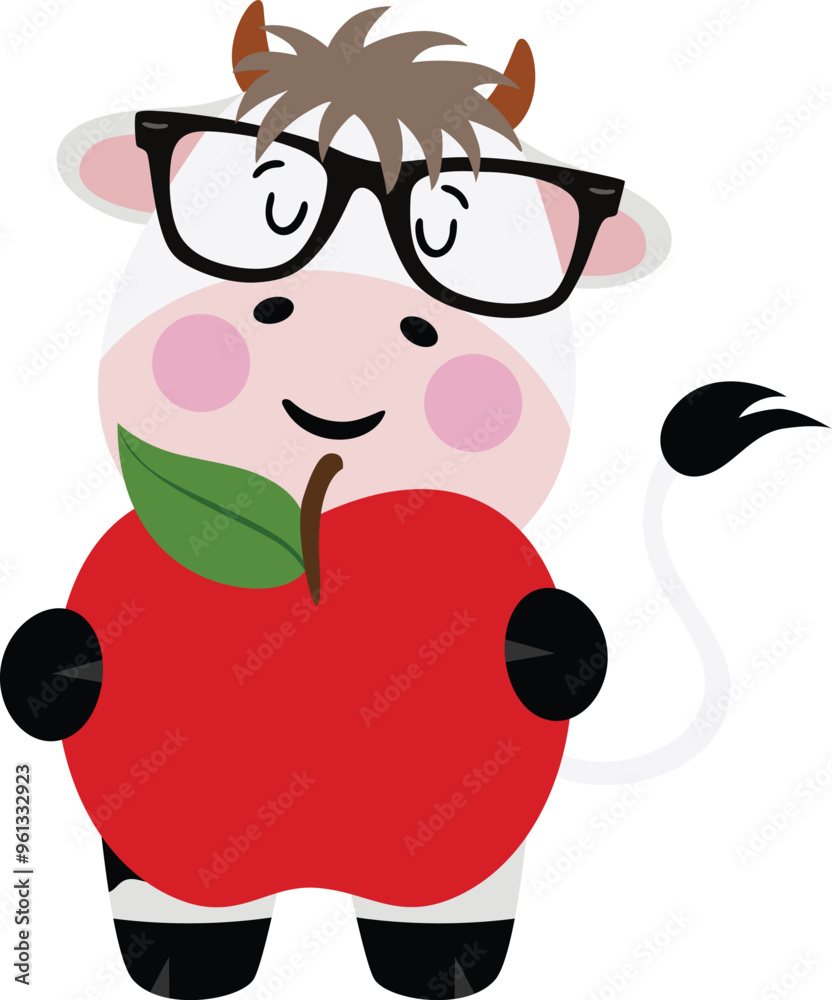 Naklejka premium Back to school cow holding an apple