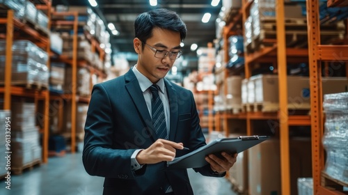 Businessman in Warehouse Using Digital Tablet for Inventory Management in Modern Industrial Storage Facility