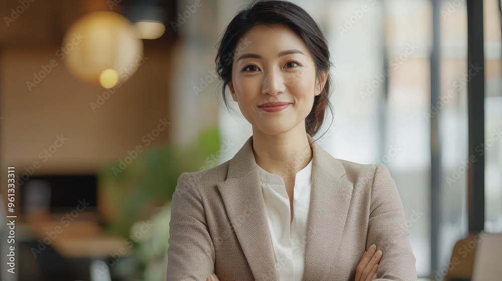 Confident Businesswoman in Modern Office Setting with Arms Crossed and a Warm Smile Confident Businesswoman in Modern Office Setting with Arms Crossed and a Warm Smile