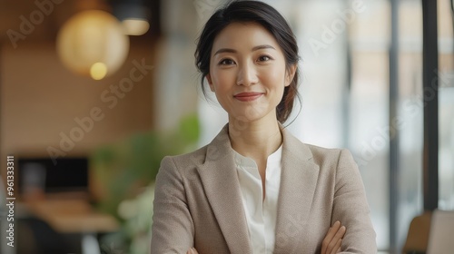 Confident Businesswoman in Modern Office Setting with Arms Crossed and a Warm Smile