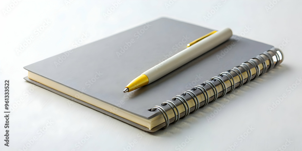 Gray Notebook and Pen: Minimalist and clean, this image captures the essence of organization and preparation, with a gray spiral notebook and a beige pen resting on a white background. The image evoke Gray Notebook and Pen: Minimalist and clean, this image captures the essence of organization and preparation, with a gray spiral notebook and a beige pen resting on a white background. The image evoke