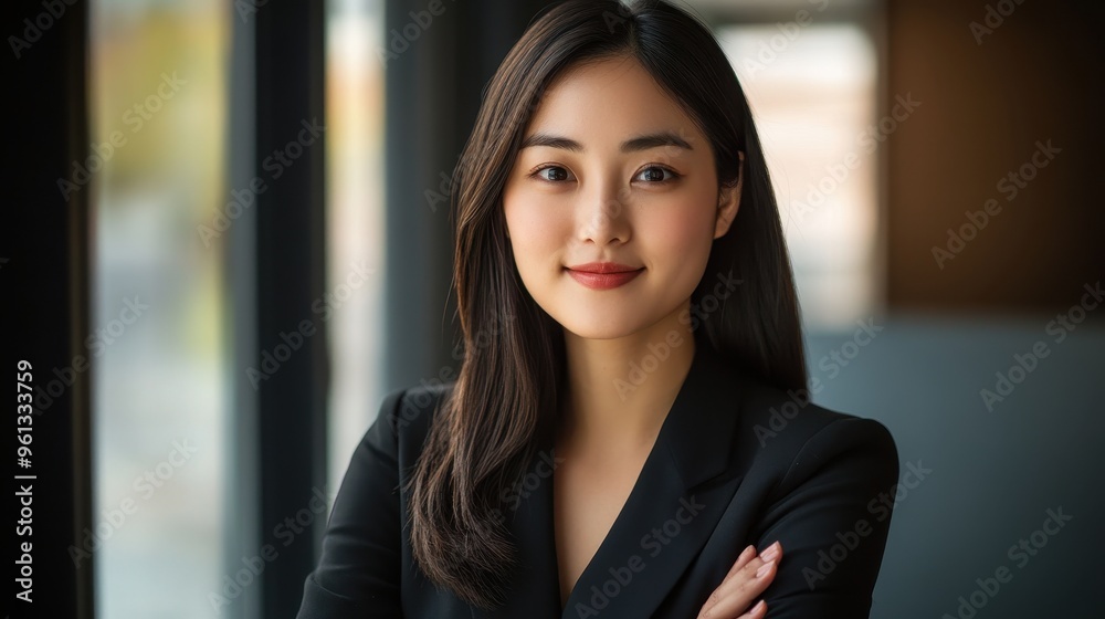 Confident Young Businesswoman in Modern Office Setting with Natural Light