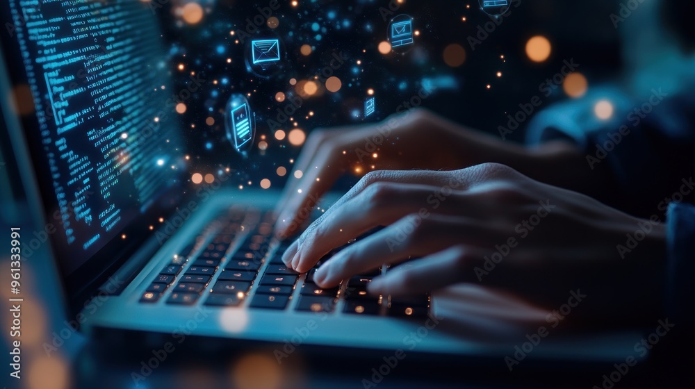 Portrait hand of software engineer working on laptop with circuit board. AI generated Portrait hand of software engineer working on laptop with circuit board. AI generated