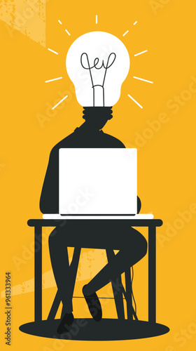 Entrepreneur with Lightbulb Head Icon Working on Laptop, Representing Brainstorming and Idea Generation