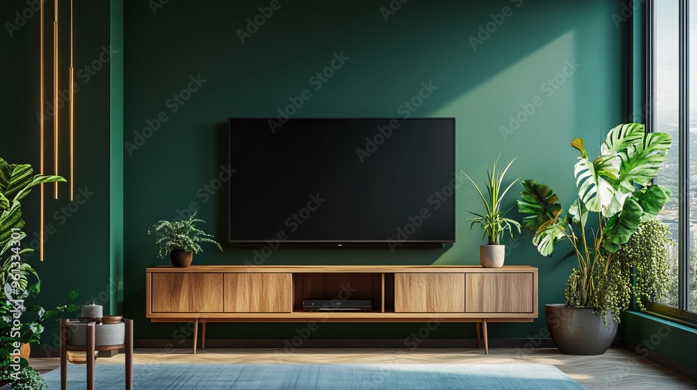 A living room features a modern design with a wooden TV cabinet positioned against a deep green wall, creating a sophisticated and elegant ambience. A living room features a modern design with a wooden TV cabinet positioned against a deep green wall, creating a sophisticated and elegant ambience.