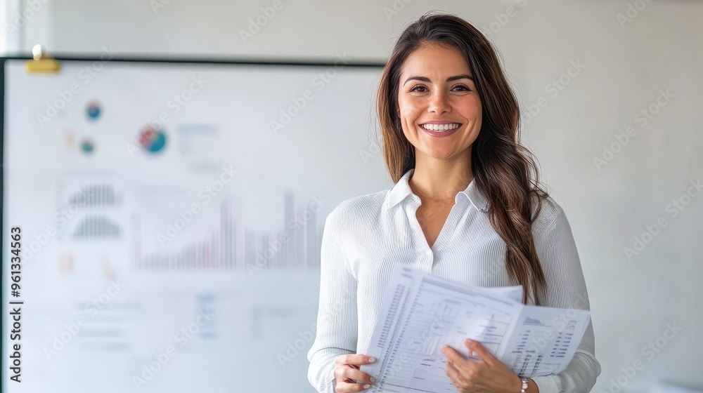 Confident Businesswoman Holding Documents in Modern Office with Charts and Graphs in Background Confident Businesswoman Holding Documents in Modern Office with Charts and Graphs in Background