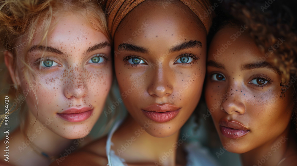 Fototapeta premium Three women with vibrant headwraps and natural makeup posing together in a sunlit indoor setting