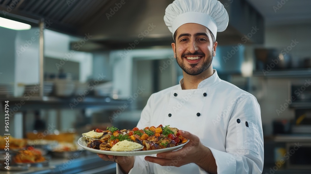 Professional Chef Presenting a Delicious Dish in a Modern Restaurant Kitchen Professional Chef Presenting a Delicious Dish in a Modern Restaurant Kitchen