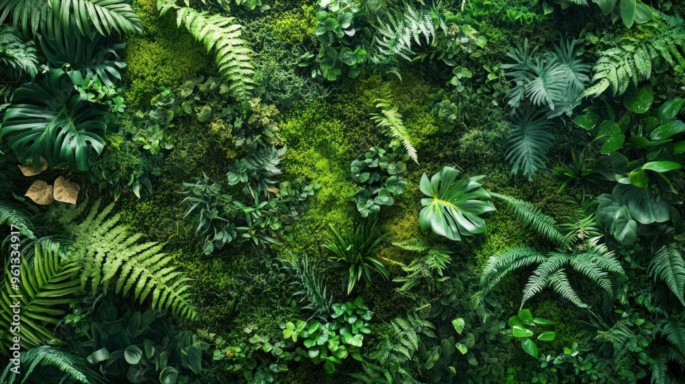 Fototapeta premium Top view green moss forest nature texture background. AI generated