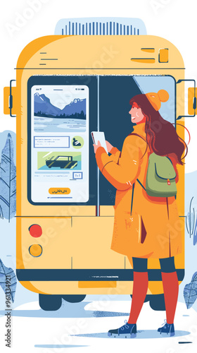 Female User Books Bus Tickets Online Using Mobile App for Intercity Public Transportation Route