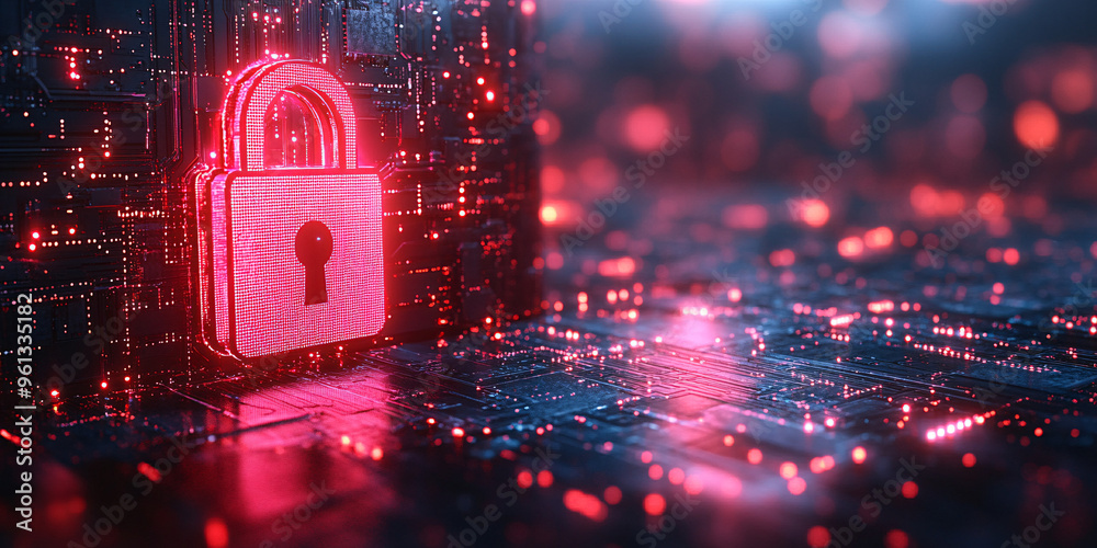 Futuristic electronic circuit padlock with neon lights and copy paste empty place for text, representing personal data and internet security concept. Futuristic electronic circuit padlock with neon lights and copy paste empty place for text, representing personal data and internet security concept.