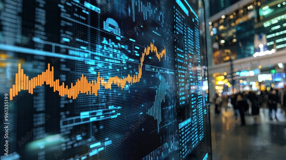 Stock Market Data Display in City at Night Stock Market Data Display in City at Night