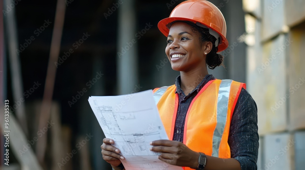 Confident Female Construction Worker in Safety Gear Holding Blueprints at a Building Site