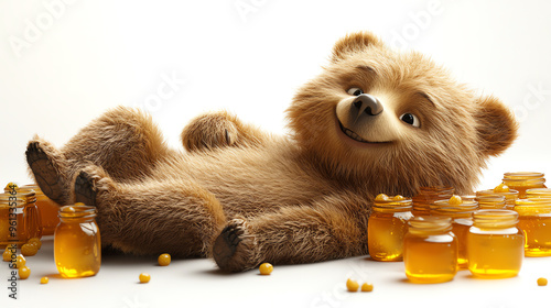 A playful bear surrounded by jars of honey, exuding a cheerful and adorable vibe, perfect for nature and animal themes. photo