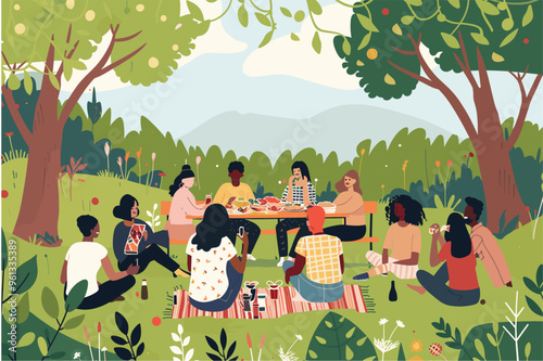 Diverse Group of People Enjoying Picnic and Relaxation in Nature, Various Characters and Families in Park Setting