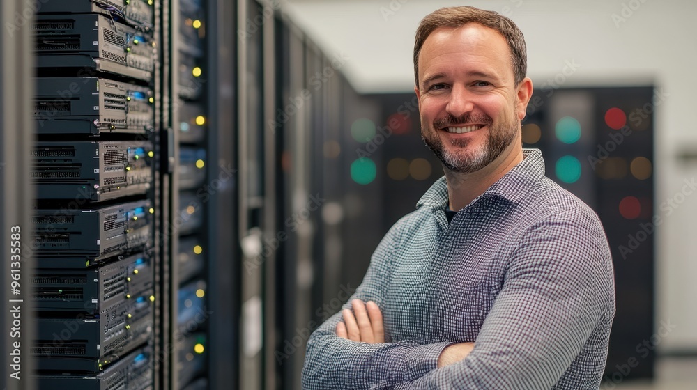 Fototapeta premium Confident IT Professional Standing in Server Room with Arms Crossed, Smiling at Camera