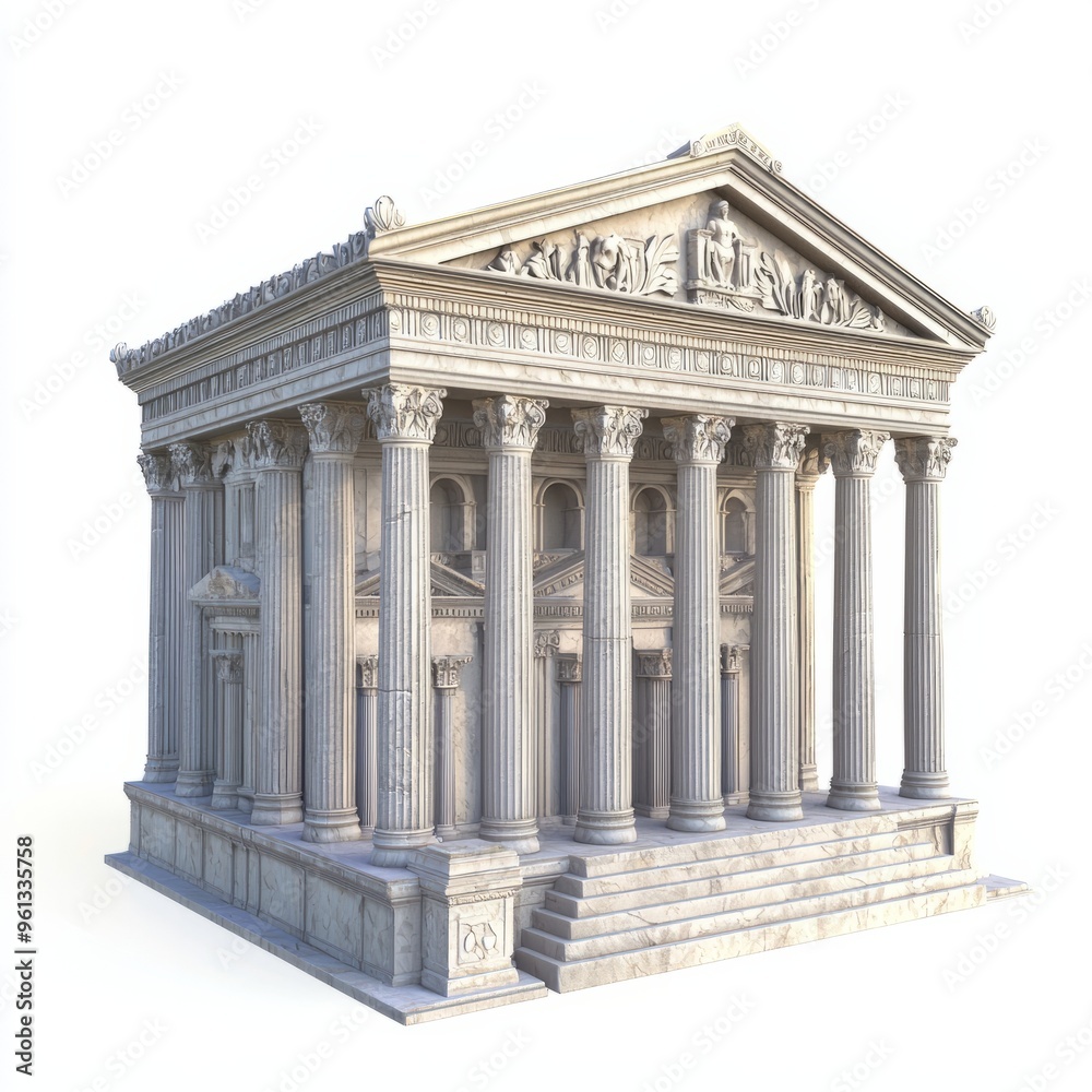 Fototapeta premium 3D Render of a stone palace with tall pillars and decorative facades, on isolated white background
