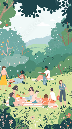 Diverse Group of People Enjoying Picnic and Relaxation in Nature, Various Characters and Families in Park Setting