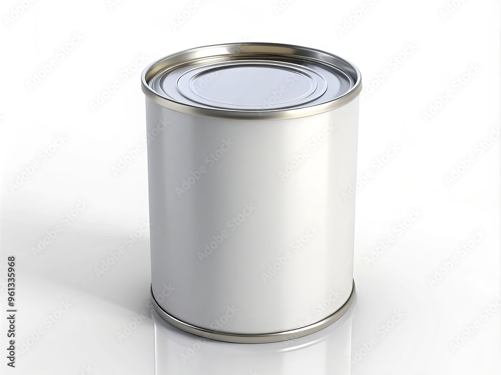 * A silver metal can with a white label stretches towards the lens, isolated on a crisp white * A silver metal can with a white label stretches towards the lens, isolated on a crisp white