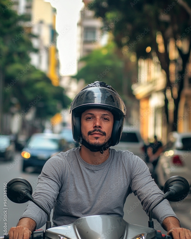 Man on motorbike wearing helmet and plain gray long-sleeved t-shirt. Motorcycle courier, delivery Man on motorbike wearing helmet and plain gray long-sleeved t-shirt. Motorcycle courier, delivery