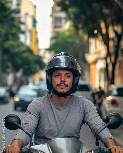 Man on motorbike wearing helmet and plain gray long-sleeved t-shirt. Motorcycle courier, delivery